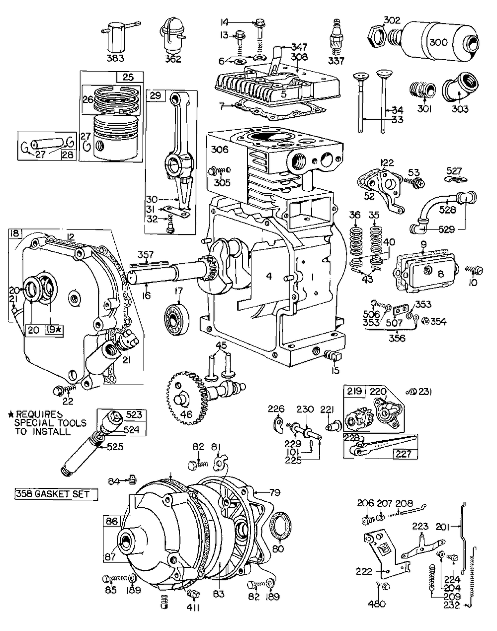 Cyl, Piston, Muffler, Crnkcse Diagram and Parts List for 140231-0138-XX  Briggs and Stratton Engine